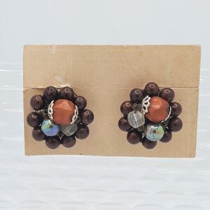 Vintage Goldtone Bronze Aurora Borealis Cluster Bead Clip Earrings Marked Japan